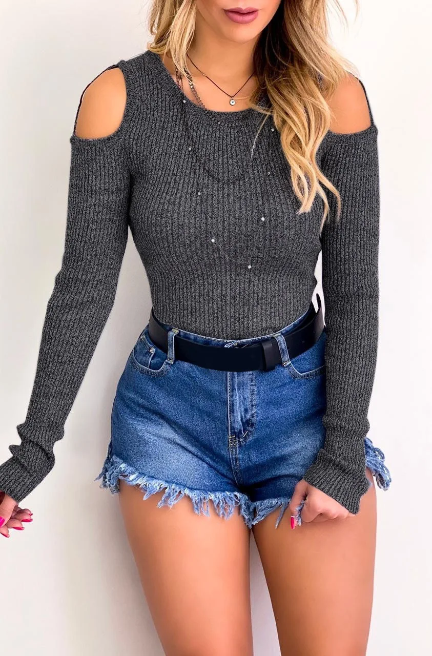 Сексуальный облегающий осенний свитер с открытыми плечами синий серый Топ