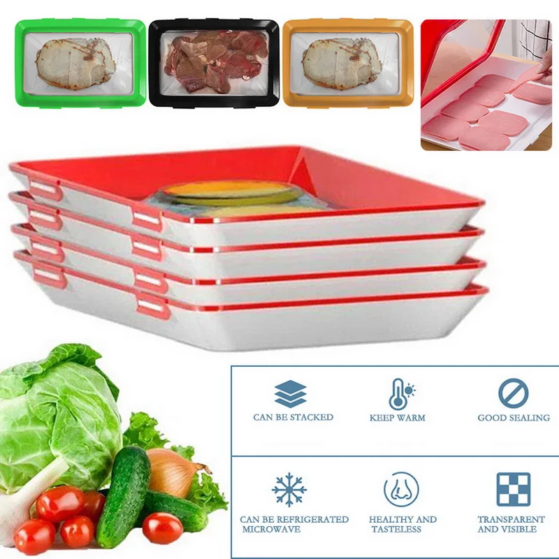 

4PC Keeping Fresh Spacer Storage Food Tray Square Tray Fresh-keeping Cover Reusable Tray Airtight Preservate Kitchen Accessories