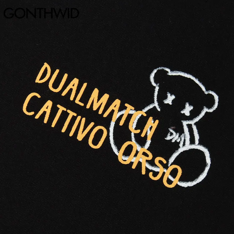 

GONTHWID Tshirts Harajuku Cartoon Bear Print Long Sleeve Tees Shirts Mens Streetwear Hip Hop Casual Cotton Loose Fashion Tops
