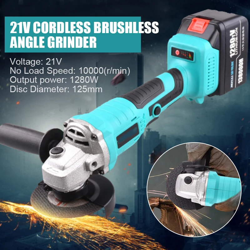 21V Cordless Brushless Angle Grinder Rechargeable Metal Cutter Grinding Machine 125mm Brushless Angle Grinder