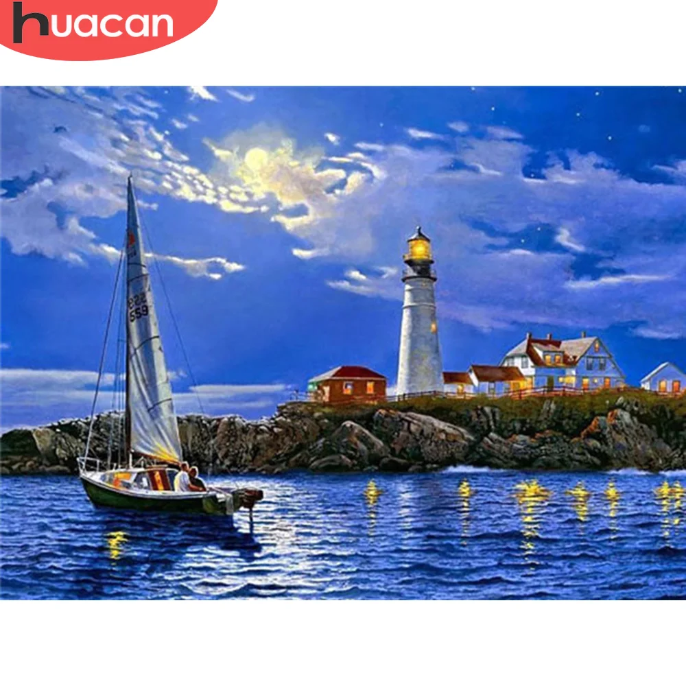 HUACAN Алмазная картина парусник полностью квадратная круглая дрель 3D вышивка Маяк