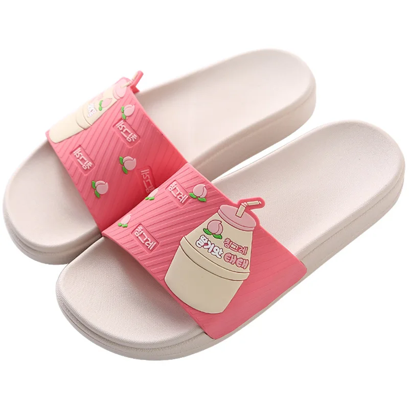 

Women Slippers Summer Home Indoor Cute Cartoon Fruit Milk Bathroom Non Slip Thick Soft Sole Flat Shower Ladies Shoes Men House