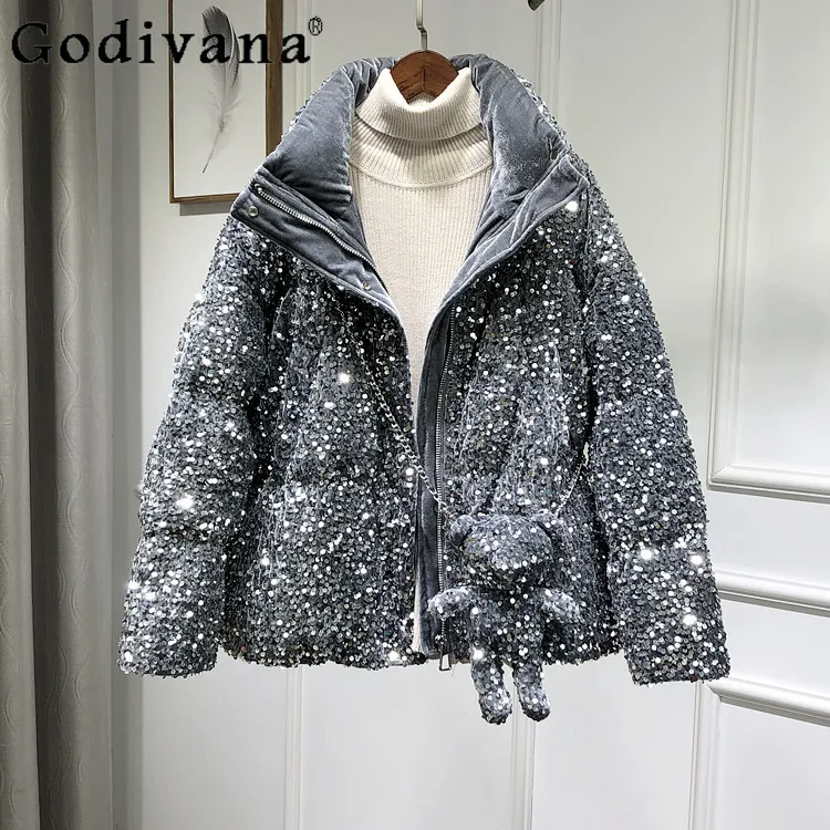 

Street Sequined Cartoon Bear Down Jacket Coats Female Korean Thick Warm White Duck Down Coat Outerwear 2021 New Women's Clothing