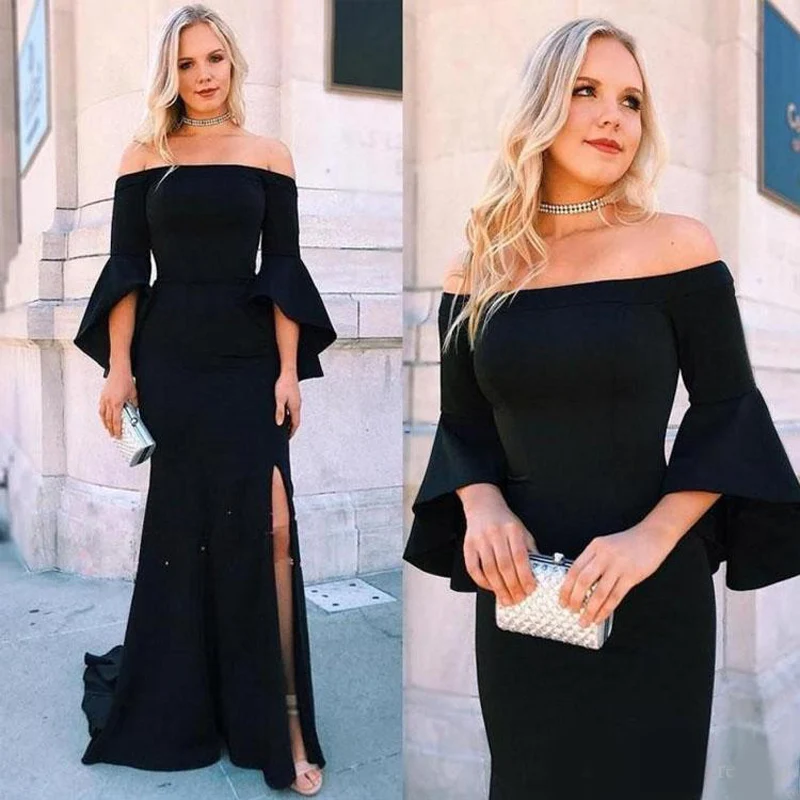 

Женское вечернее платье-русалка, черное платье с открытыми плечами, разрезом сбоку, длинными рукавами, в пол, вечернее платье для выпускного...