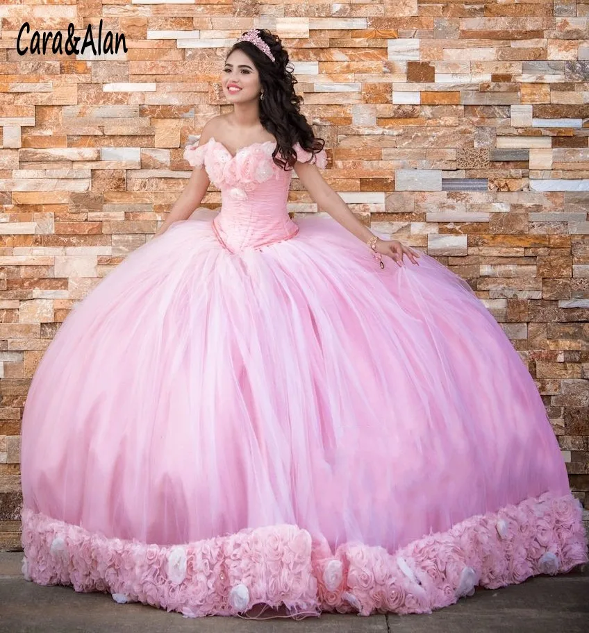 

vestidos de 15 anos Princess Ball Gown Quinceanera Dresses Puffy Skirt 3D Floral Applique Off Shoulder Pageant Dress