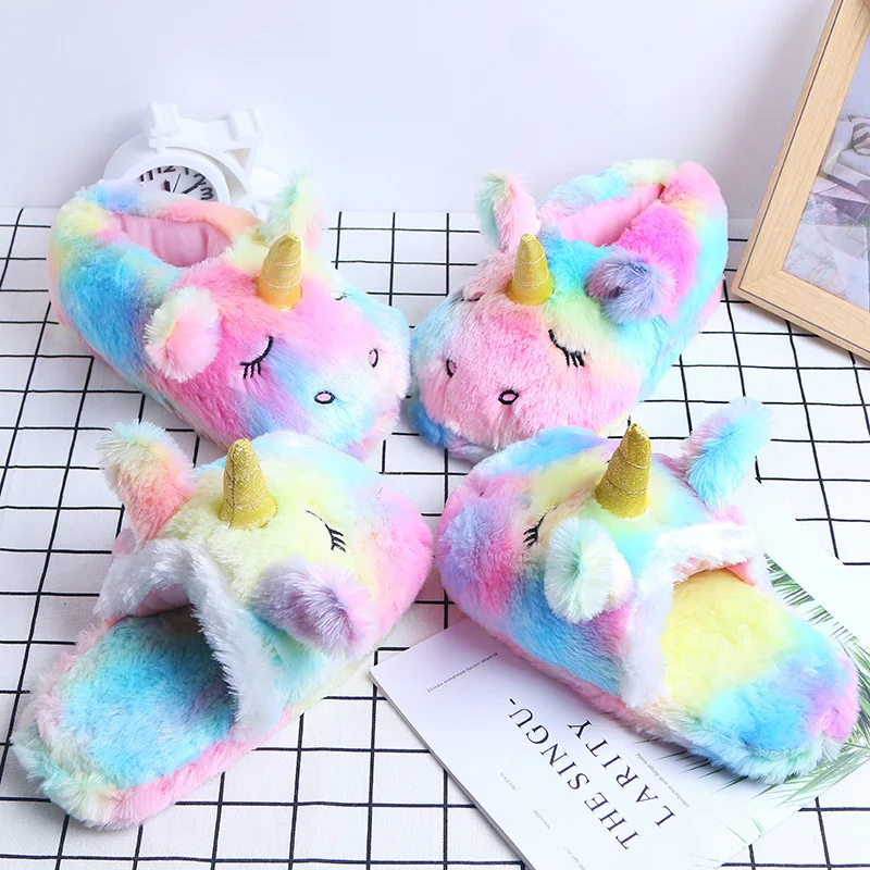 

Women's Winter Cotton Shoes Cute Cartoon Unicorn Slippers Casual Warm House Shoes Ladies Plush Slides Female Furry Flip Flops