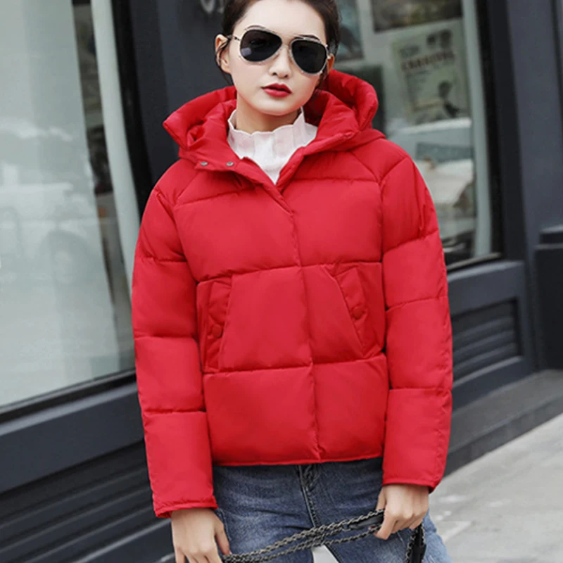 Модные женские зимние куртки короткие оранжевые/красные теплые хлопковые пальто
