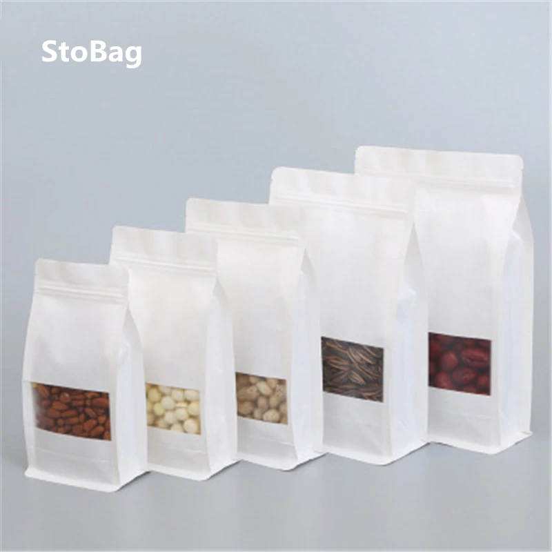 

StoBag 50pcs White Kraft Paper Bags Frosted Eight Side Sealing Food Self-supporting Ziplock Bags Window Packing Bags