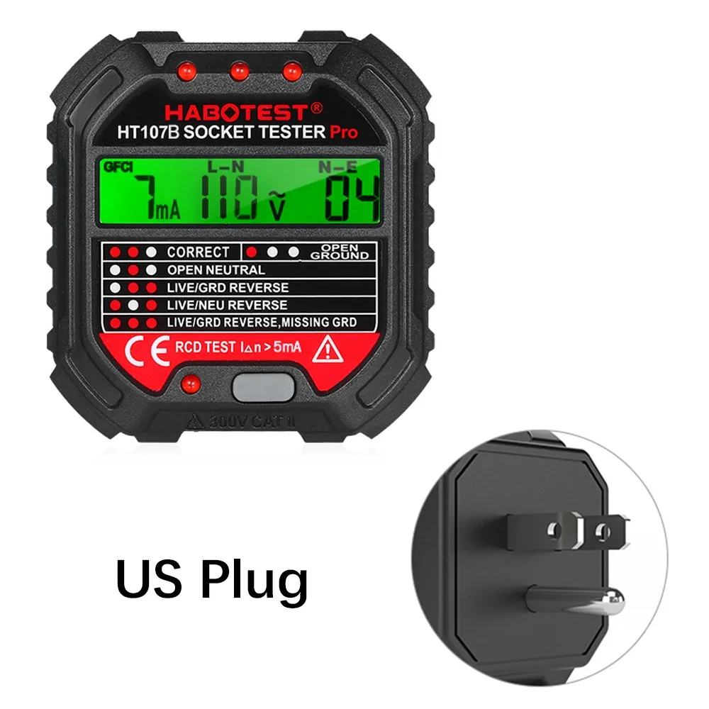 

EU/UK/US Plug Line Tester Socket Outlets Tester Circuit Polarity Voltage Detector RCD/GFCI Breaker Finder With Voltage Backlight