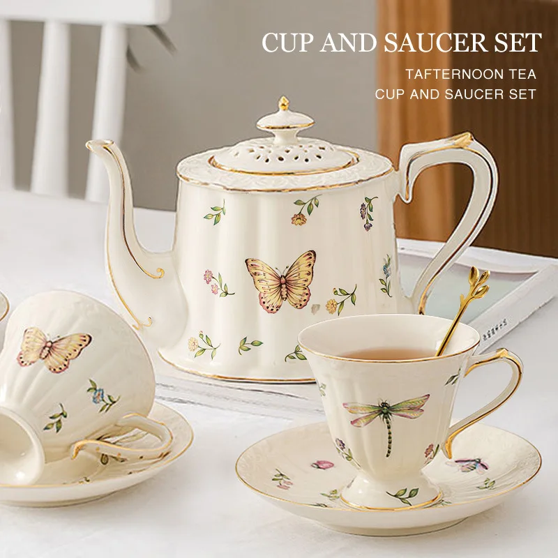 

European insect pattern ceramic coffee cup set with spoon retro English afternoon tea cup kettle