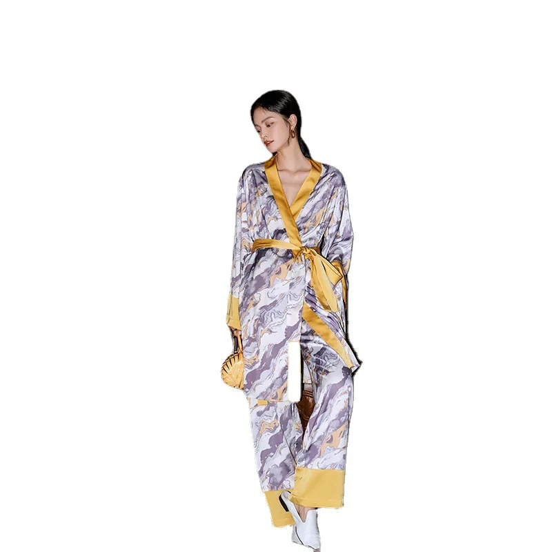 

Pajamas Nightgown Ice Silk Pajamas Women's Long Sleeved Trousers Two-piece Suit Home Clothes
