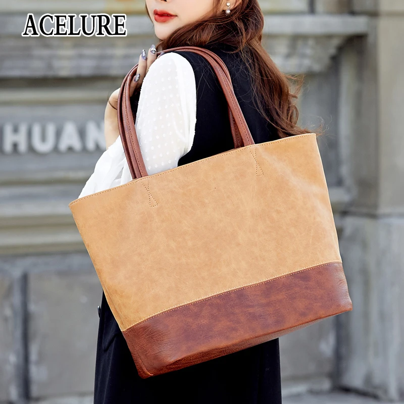 

ACELURE Simple Fashion Women Casual Tote Solid Color PU Leather Handbag Female Purse Elegant Ladies Shoulder Crossbody Bags