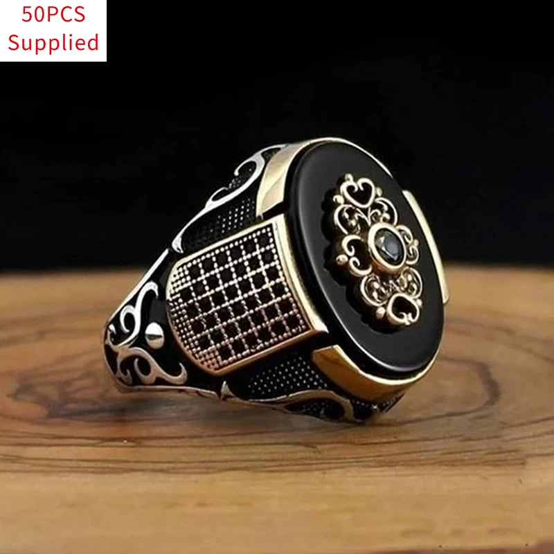 

5pcs Vintage Ancient Middle East Arabic Style Men's Rings Trendy Two Tone Carving Pattern Punk Rings for Men Party Jewelry Gift