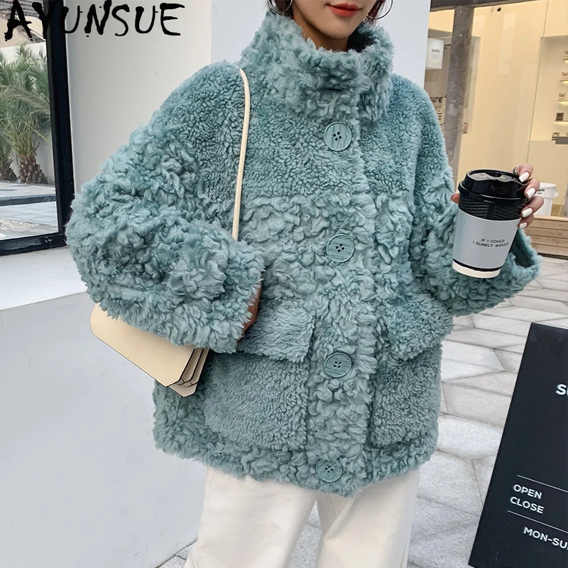 

AYUNSUE Real Fur Coat Female Sheep Shearling Autumn Winter Jacket Women 100% Wool Coat Korean Pink Jackets Manteau Femme SGT-007