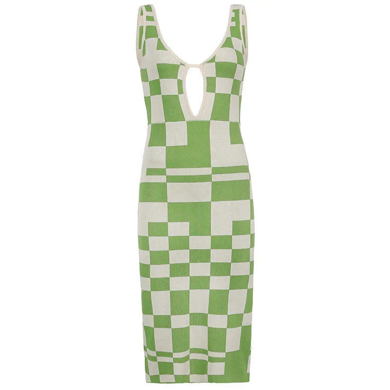 

Plaid 2021 Summer Y2K Bodycon Dress Women Midi Knit Sleeveles Hollow Out V Neck Sexy Casual Green Beach Dresse Vestido Feminino