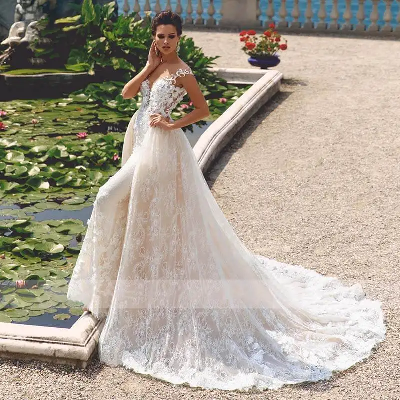 Luxury Full Lace Mermaid Wedding Dress with Detachable Train Elegant Scoop Neck Appliques Vintage Bridal Gowns | Свадьбы и торжества