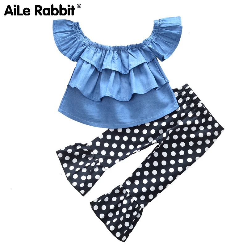 INS/2019 новый модный Джинсовый комплект для девочек джинсовый топ на одно плечо