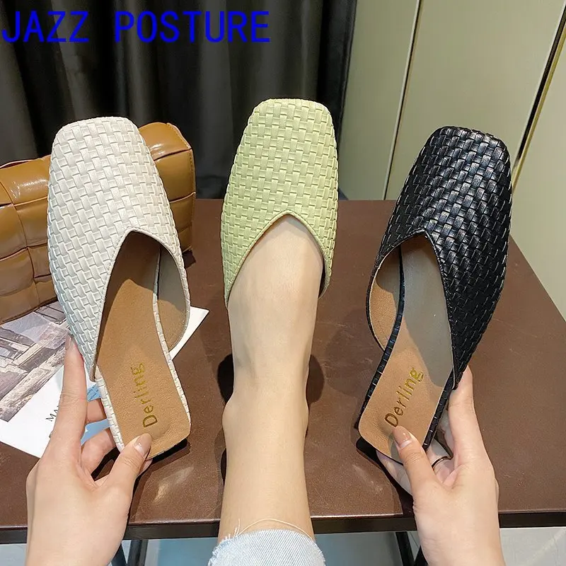

Slippers Ladies Low Heel Sandals Square Toe Faux Leather Plaid Outdoor Fashion Slippers Summer Black Spring Casual Shoes w065