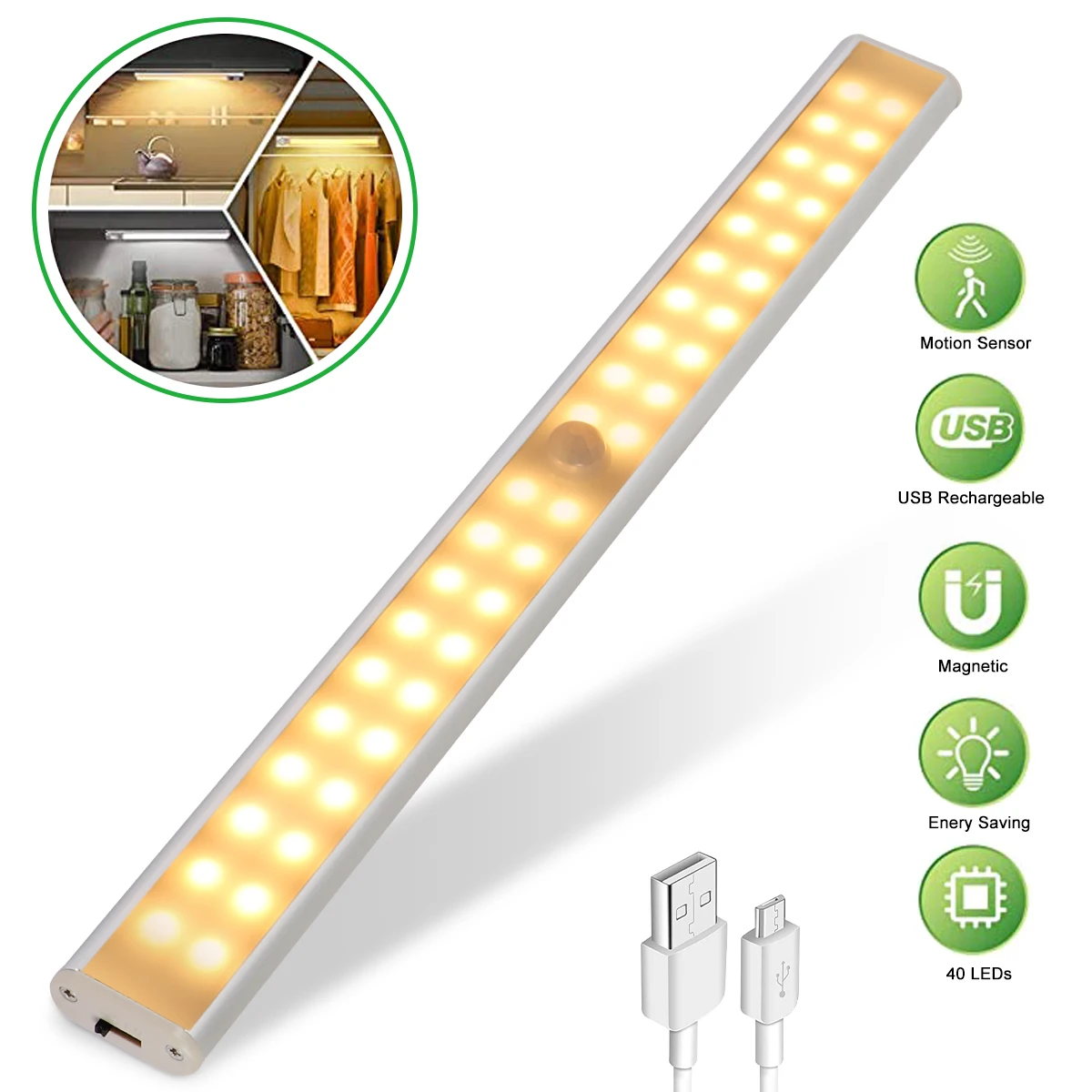 

HUIRAN LED Night Light Motion Sensor Wireless USB Rechargeable 8 30 40 50cm Night lamp For Bedroom Kitchen Cabinet Wardrobe Lamp