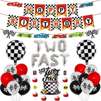 48pcs two fast birthday party supplies racing theme decoration set checkered banner flag balloon and childrens cake topper