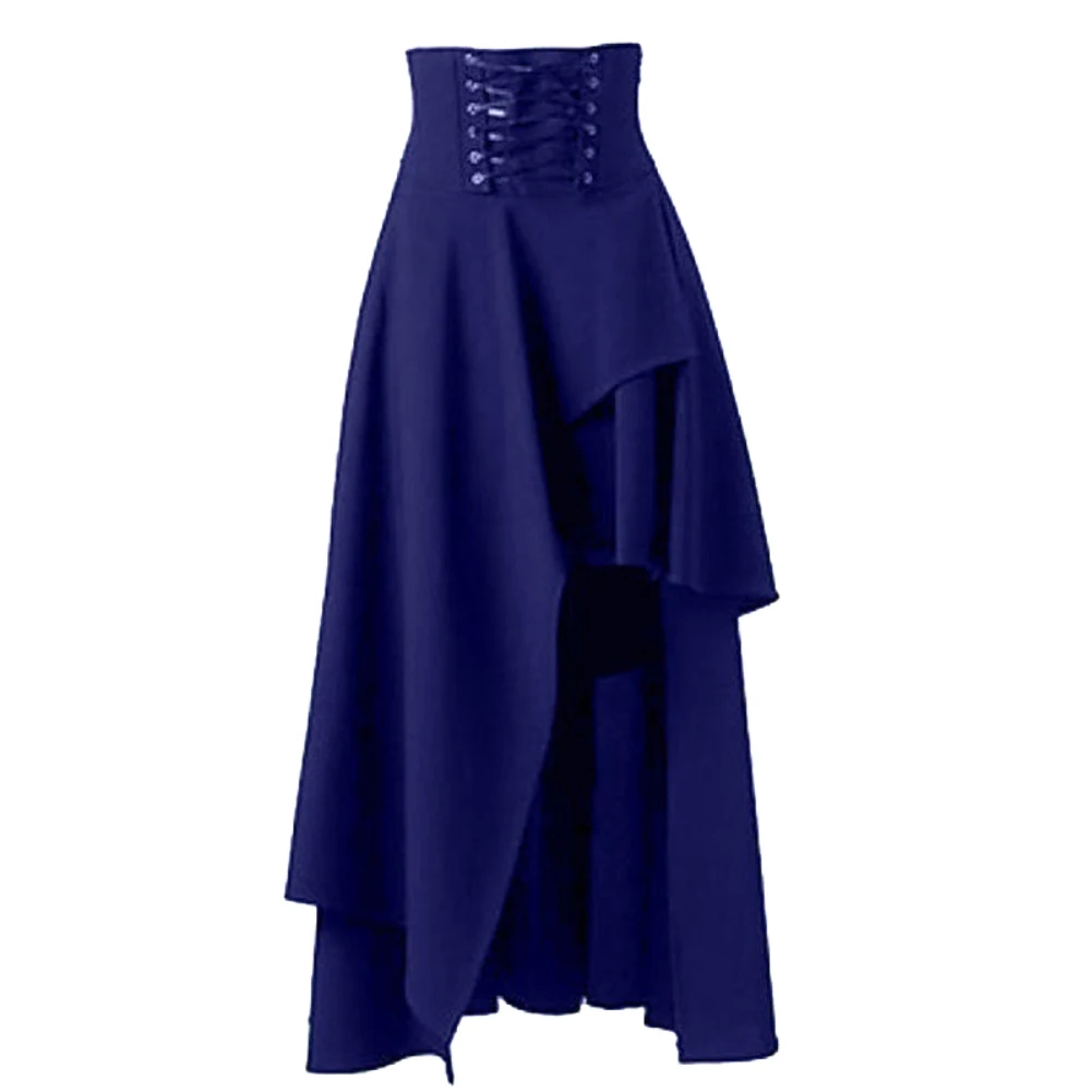 

Steampunk Vintage Women Solid Color Lace Up High Waist Irregular Maxi Skirt