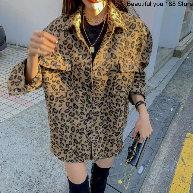 

South Korea Gate net red thickened loose leopard print casual shirt coat woman