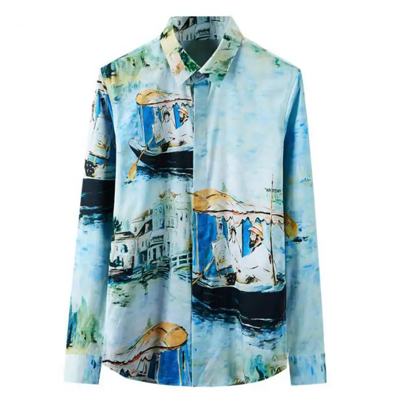 

Ink Painting Printed Mens Shirts Luxury Chinese Style Lon Sleeve Mens Dress Shirts Plus Size 4xl Fashion Slim Man Shirts