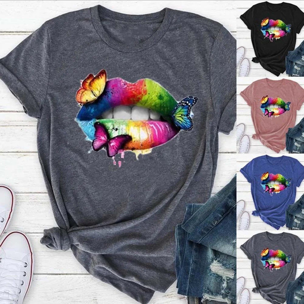 

Streetwear Female Plus Size Tops Rainbow Lip and Butterfly Print Harajuku Women Summer O Neck Casual Short Sleeve Tee Shirts D30