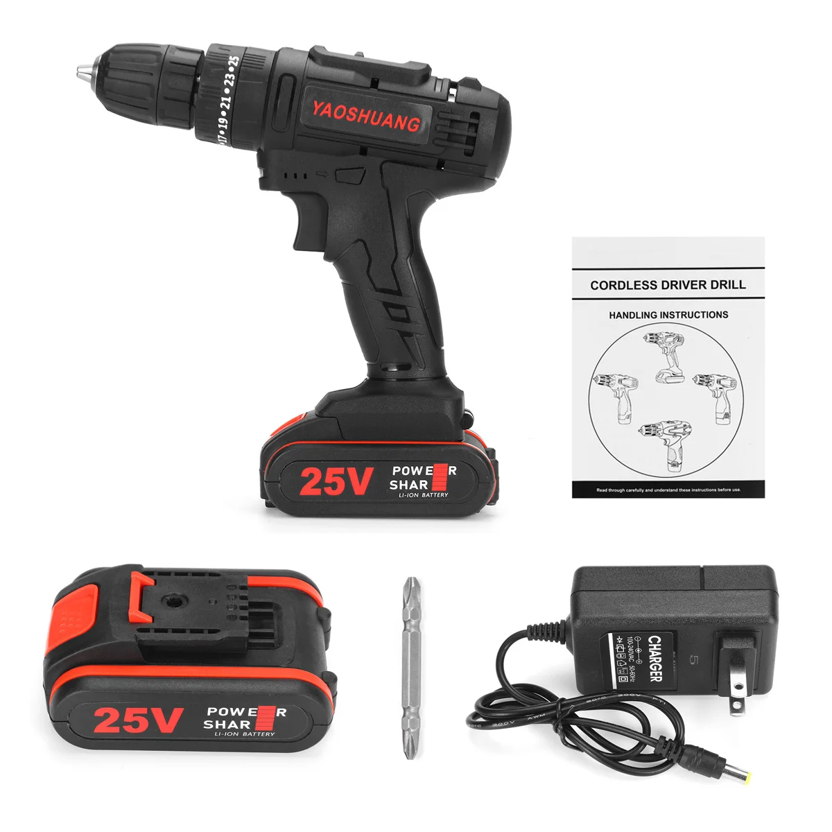 

25V Electric Impact Drill 3/8" Cordless Rechargeable Electric Drill Hammer Screwdriver Powerful Battery Wrench with Drill Bit