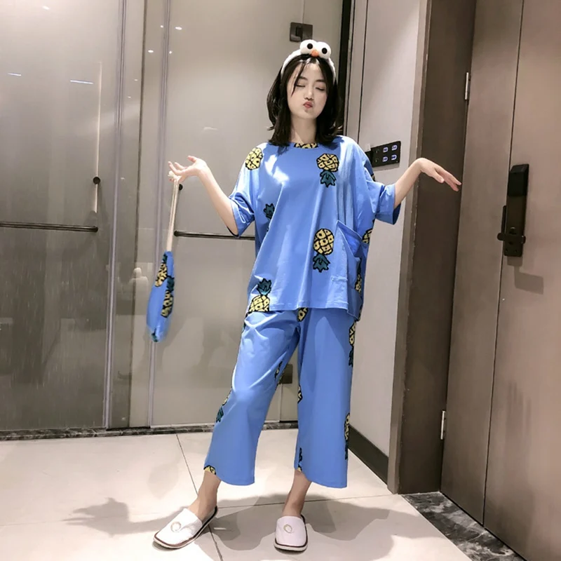 

Women Summer Autumn Pajama Sets Cropped Sleeve Trousers Pajamas Cute Cartoon Sweet Home Service Cloth Underwear