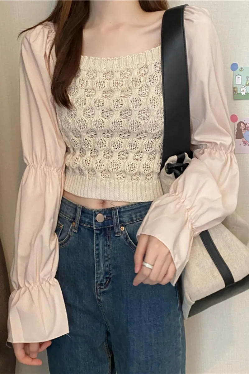 

Women Retro Chiffon Patchwork Sweaters Tops 2021 New Spring French Fashion Long Flare Sleeve Square Collar Short Knitted Shirts
