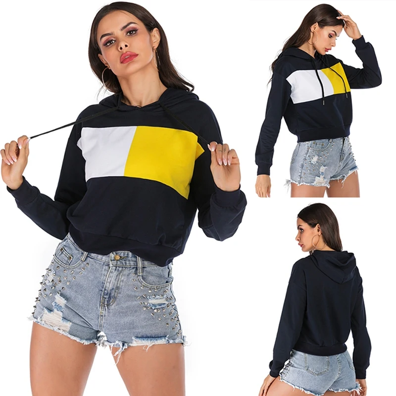 

Women Hooded Sweatshirts Fashion Long Sleeve Contrast Color Casual Drawstring Pullover Outdoor Short Tops
