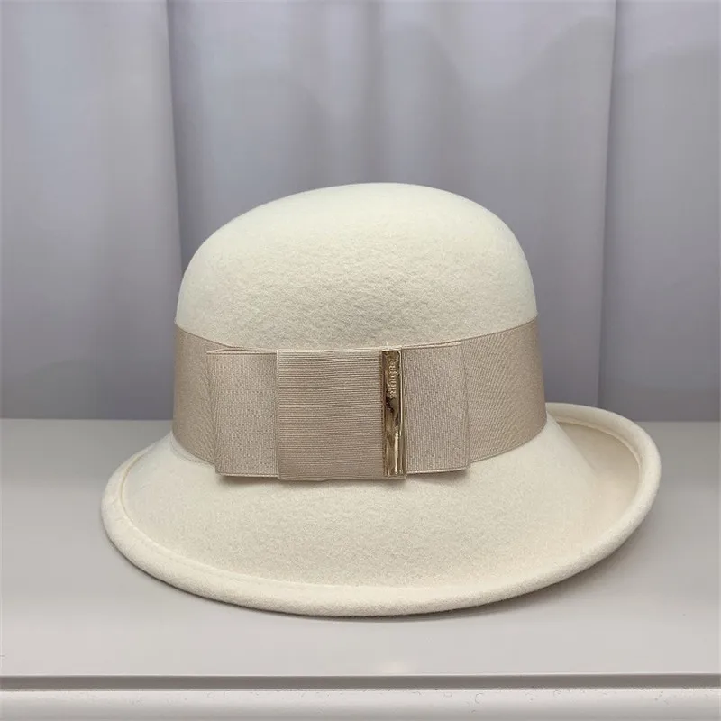 

202201-weimin new autumn winter japan style bowknot grace wool Metal mark lady bucket cap women leisure hat