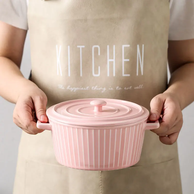 Синяя керамическая миска с крышкой двойная для ушей красного салата лапши