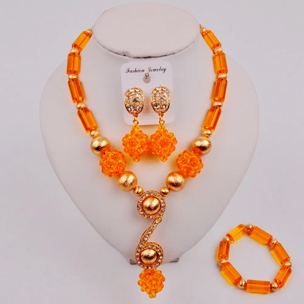 

In Fashion Gold Yellow African Jewelry Set Nigerian Wedding Beads Crystal Necklace Sets SZQ3-5