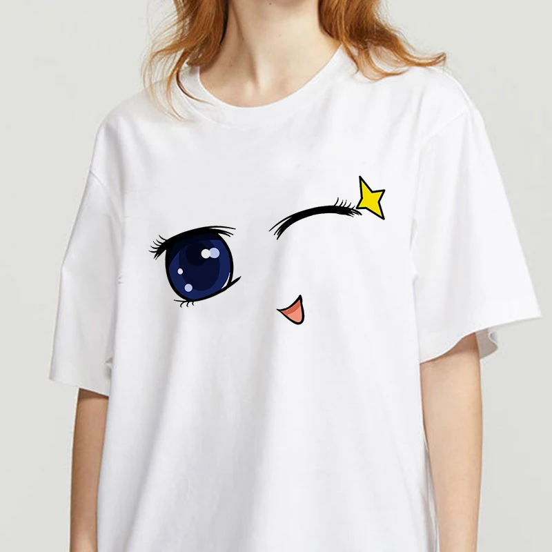 

2020 Summer Women T-shirt Hand painted eyes Printed Tshirts Casual Tops Tee Harajuku 90s Vintage White tshirt Female Clothing
