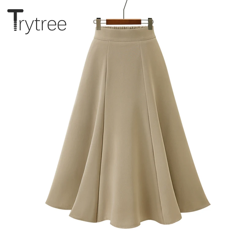 

Trytree Autumn Winter Women Casual Skirt Solid 3 Colour Zipper Ruffles Skirt Fashion A-line Loose Mid-Calf Office Lady Skirt