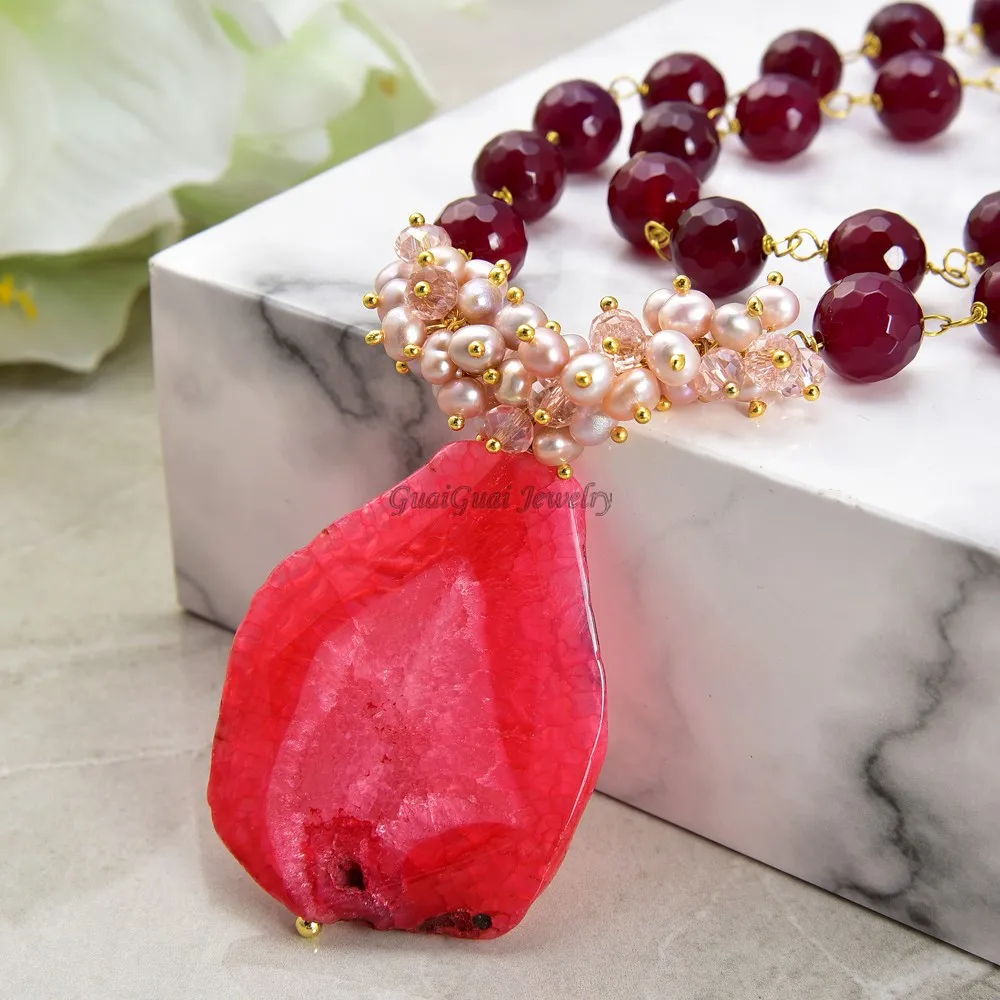 

GG Jewelry 19-20" Natural 12mm Rose Round Agate pink pearl Crystal Nugget Agate Necklace lady Jewelry