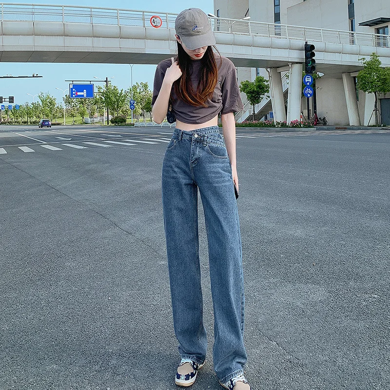 

Женские джинсы с широкими штанинами, мешковатые джинсовые брюки с завышенной талией, длинные брюки с дырками, винтажная уличная одежда, нов...