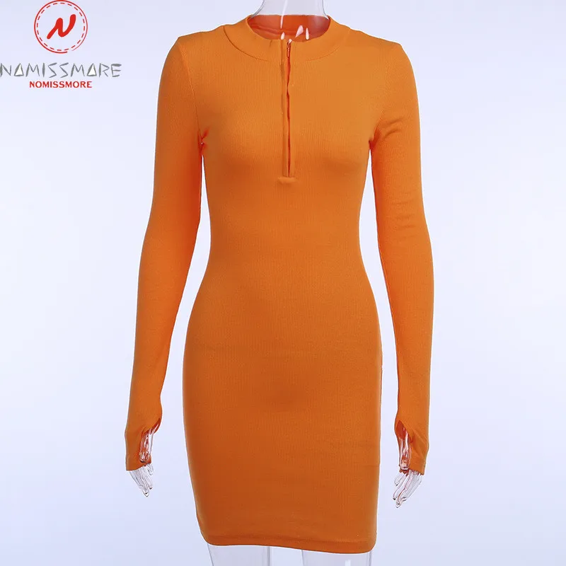 

Sexy Women Spring Autumn Solid Color Pencil Dress Zipper Decor O-Neck Long Sleeve High Waist Pullovers Slim Hips Mini Dress
