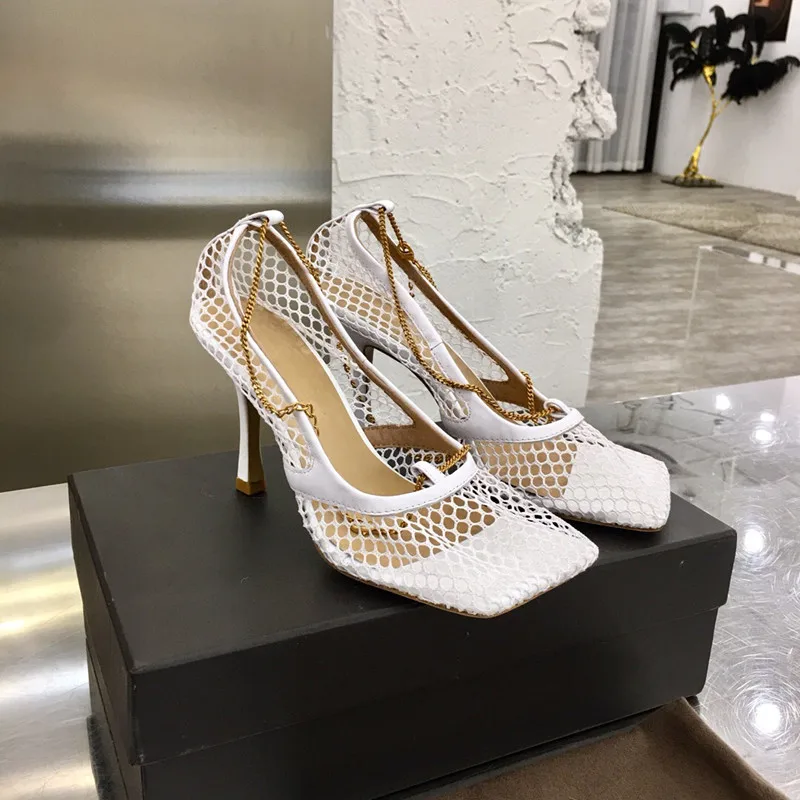 Hot Sale Shoes Woman Sandals Square Toe Metal Chain High Heels Designer Zapatos De Mujer | Обувь