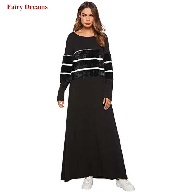 Женское платье Кафтан Abaya черное мусульманское с длинным рукавом в турецком