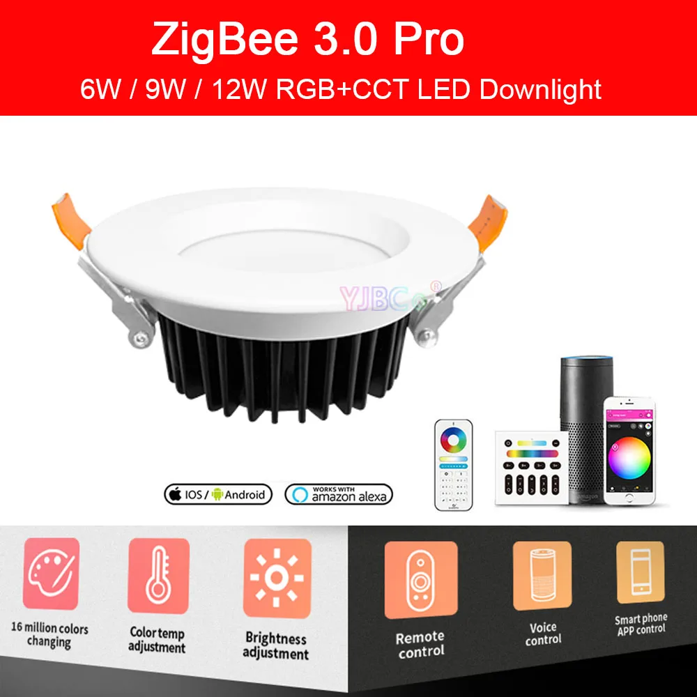 

ZigBee 3.0 Smart Pro RGB CCT LED Downlight 6W/9W/12W Ceiling Work With Amazon Echo Plus SmartThings App/Voice/Remote Control