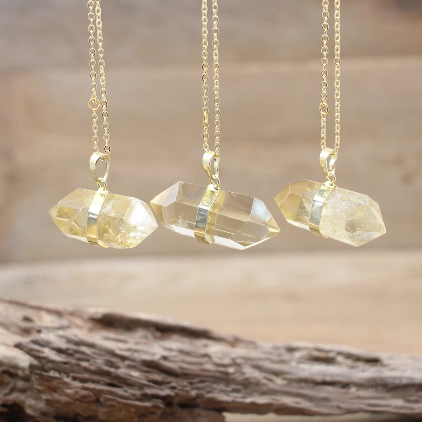 

Natural Nugget Citrines Hexagonal Prism Column Pendant Quartz Crystal Double Terminated point Gold electroplated Jewelry,QC3135