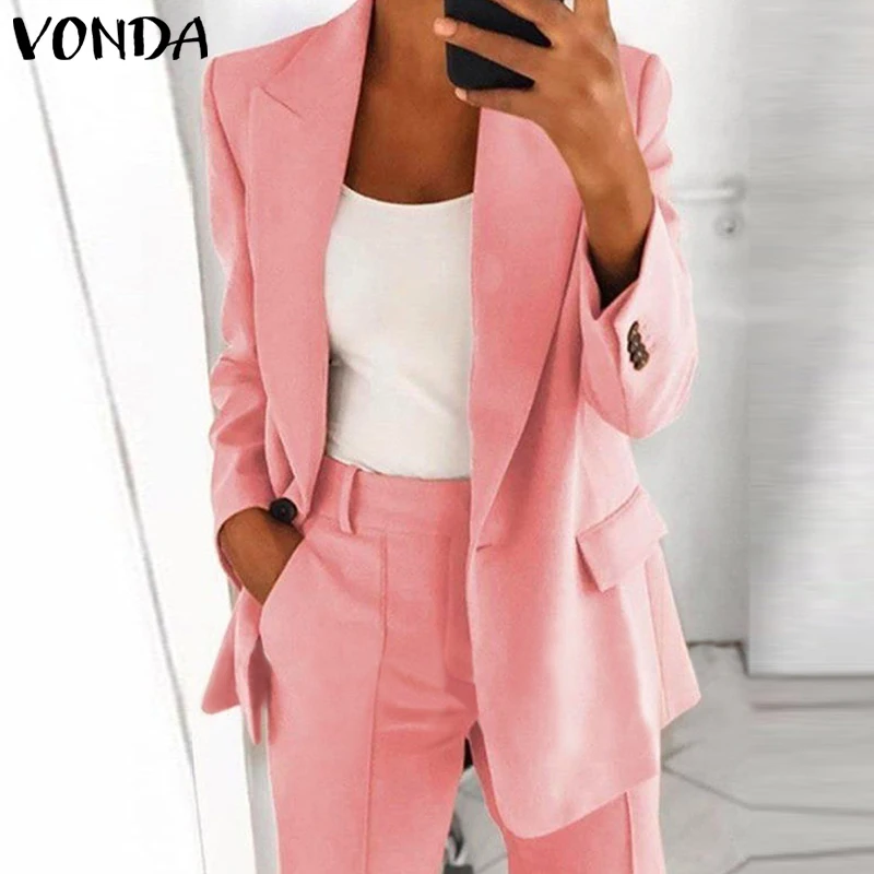 

Women OL Style Blazer 2021 VONDA Casual Solid Color Blazer Long Sleeve Coats With Pockets Lapel Collar Button Up Suit Blazer