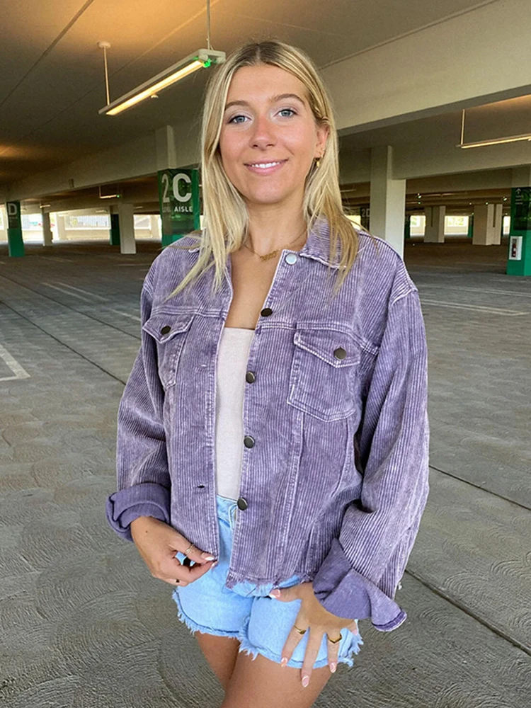 

Sibybo 2022 Spring Corduroy Jacket Shirt Women Lapel Long Sleeve Casual Coats Femme Single Breasted High Street Loose Jackets