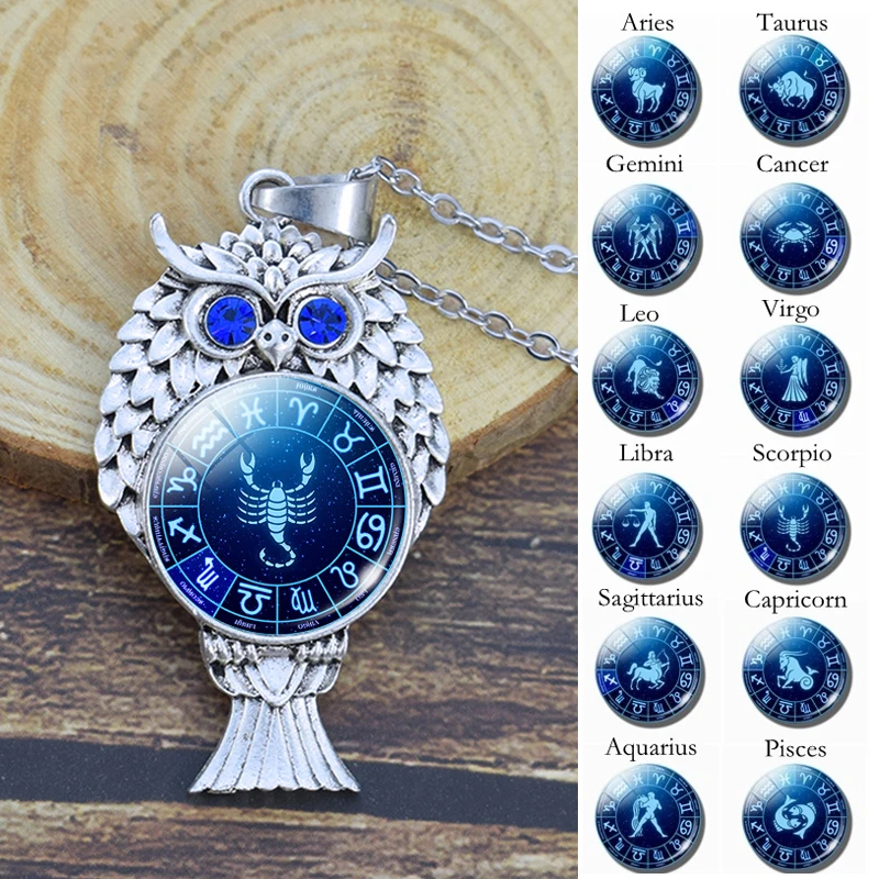 

Owl Pendant Necklace 12 Constellation Zodiac Leo Virgo Libra Scorpio Capricorn Sweater Chain Necklace Astrology Jewelry