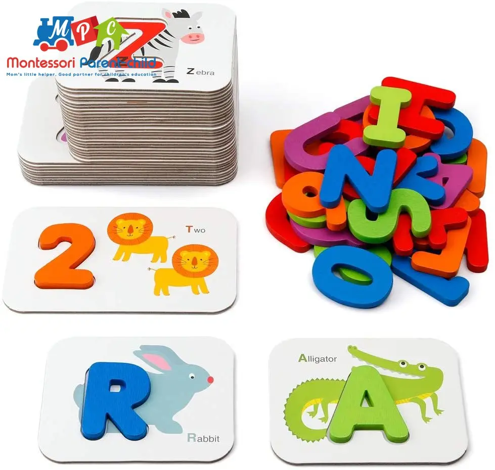 Juego de cartas con números y alfabeto, juego de rompecabezas Montessori, letras y números de madera ABC, tablero de cartas de animales