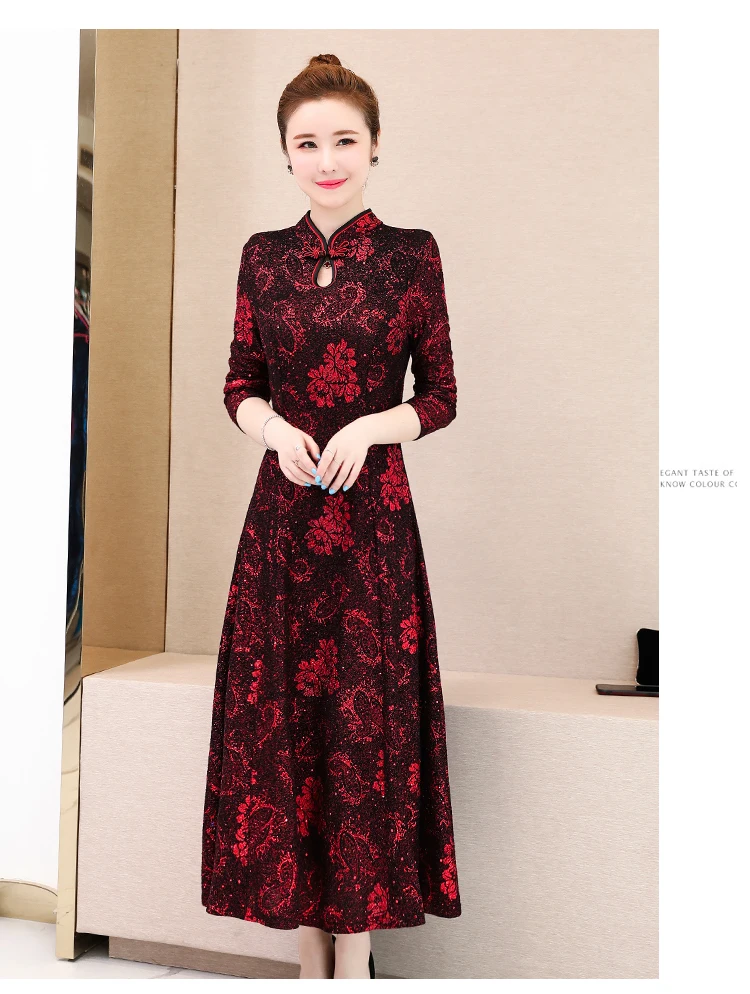 Осень Зима Новое поступление размера плюс M-3XL Ретро Cheongsam стоячий воротник жаккард длинный рукав женское длинное платье