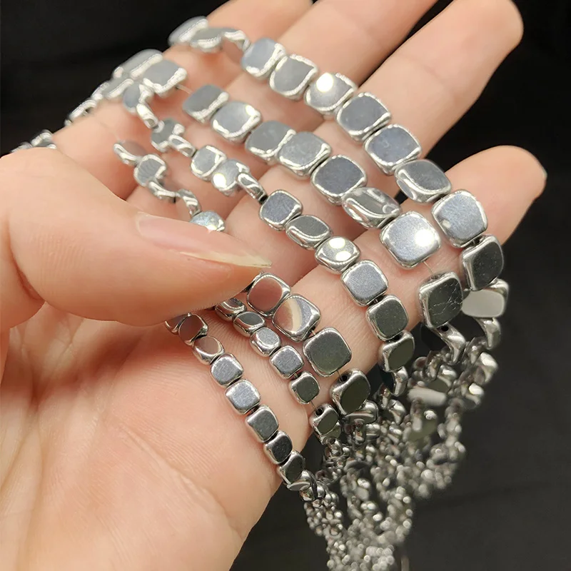 

Square Hematite Natural Stone Beads SIlvers 4 6 8mm Flat Cube Loose Spacer bead for Jewelry Making Bracelets Beaded DIY Findings